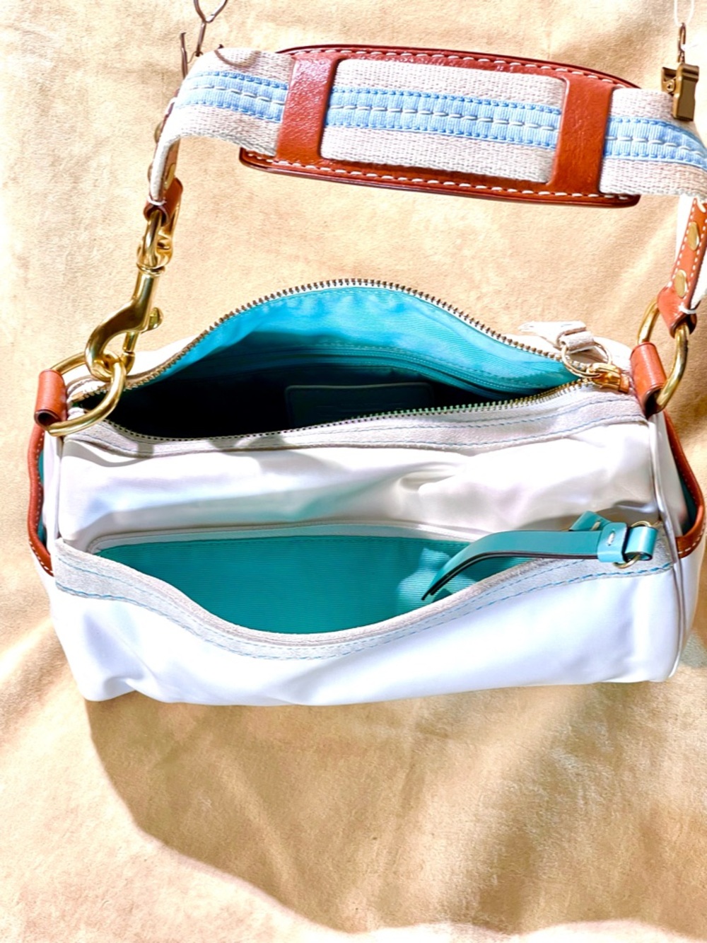 Coach Light Blue and White Mini Shoulder Bag with Brown Trim - Picture 9 of 11